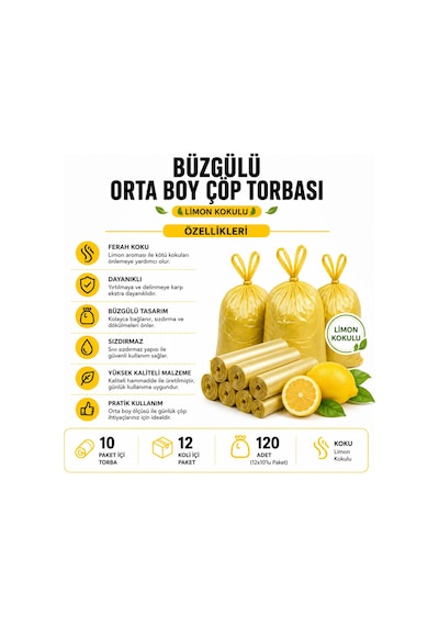 Polmix Büzgülü Limon Kokulu Sarı Çöp Torbası Poşeti / 55 X 60 Cm X12 Rulo 120 Adet