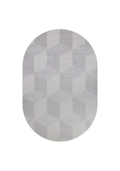 Geometrik Küp Desenli Prato İpeksi Lüks Viskon Oval Halı Pr01 Gri Gri-krem