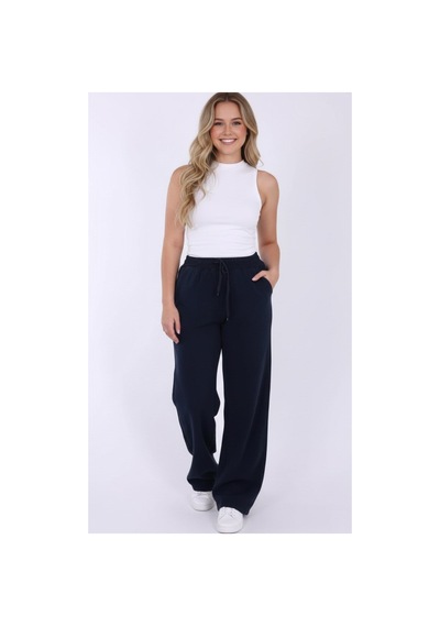 Myrab Denim Kadın Mavi Baggy Keten Pantolon Lastikli Bel Bağcıklı Rahat Geniş Paça Yazlık Pantolon Lacivert