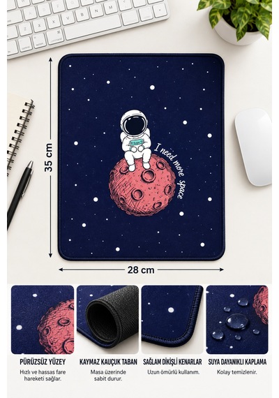 Astronot Tasarımlı Mousepad 28x35 Cm Kaymaz Tabanlı Dikişli Kenar Ofis Ve Masaüstü