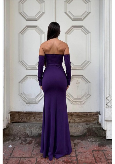DefyModa Kadın Trend Straplez Taş Detaylı Yırtmaçlı Abiye Elbise Mor