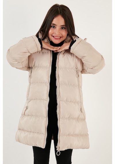 Lela Peluş Astarlı Yakası Suni Kürklü Çıkarılabilir Kapüşonlu Kışlık Kız Çocuk Mont 5766038 Taş