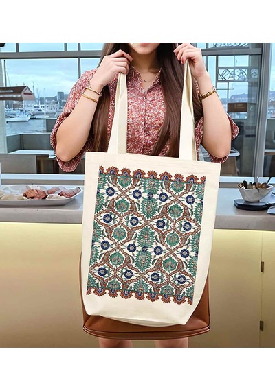 Türk El Sanatları İç Cepli Körüklü Örgü Kulplu Kanvas Çanta 35x40x10 Cm - No.05 Beyaz - Siyah
