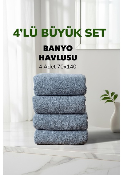 4 Lü Kareli Mavi Renk Yumuşak Pamuk Banyo Havlusu Seti 70x140 Cm