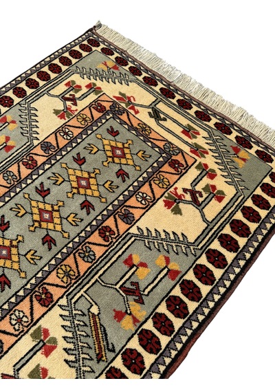 El Dokuma Sıfır Milas Halısı 100x135 Krem Turkuaz Bej Kök Boya