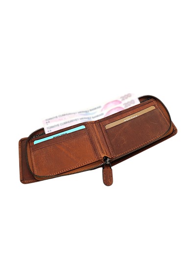 Westpolo Hakiki Eskitme Deri Kağıt Para Ve Bol Kart Bölmeli Patlı Ve Fermuarlı Unisex Cüzdan-g2 Taba Taba