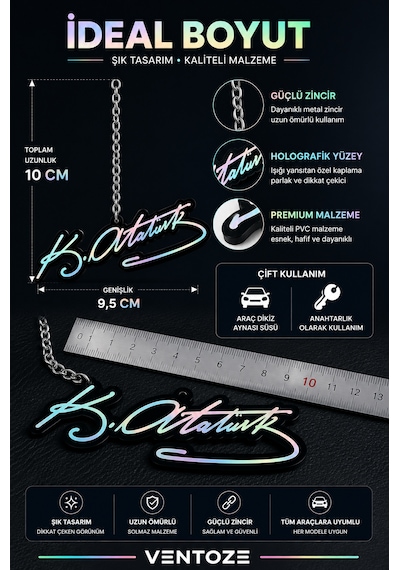 Atatürk İmzalı Araç Dikiz Aynası Süsü Holografik Tasarım Anahtarlık 10 Cm Çok Renkli