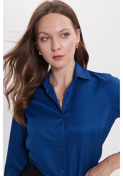 Tudors Kadın Slim Fit Dar Kesim Vücuda Oturan Uzun Kollu Lacivert Basic Gömlek-38823