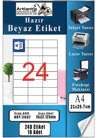A4 Hazır Etiket 70x37.12 Mm 10 Sayfa 1 Paket 24 Lü Kendinden Yapışkanlı Fotokopi Lazer İnkjet Kağıdı Yazıcılar İçin Uyumlu