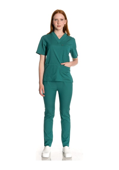 Unisex Likralı Koyu Yeşil Scrubs