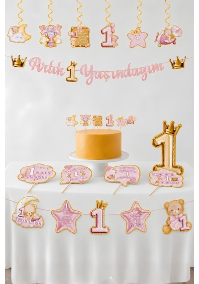 1 Yaş Kız Bebek Parti Seti Pembe Ayıcık Temalı Artık 1 Yaşındayım Doğum Günü Süsleri