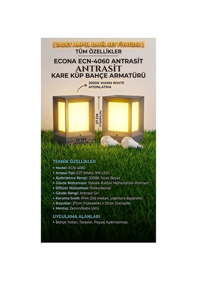 2 Adet Ecn-4060 Antrasit Dekoratif Kare Küp Set Üstü Abs Bahçe Aydınlatma Armatürü Set Üstü Dekoratif Aplik,baba Üstü,9w Led Ampul Dahil 3000k