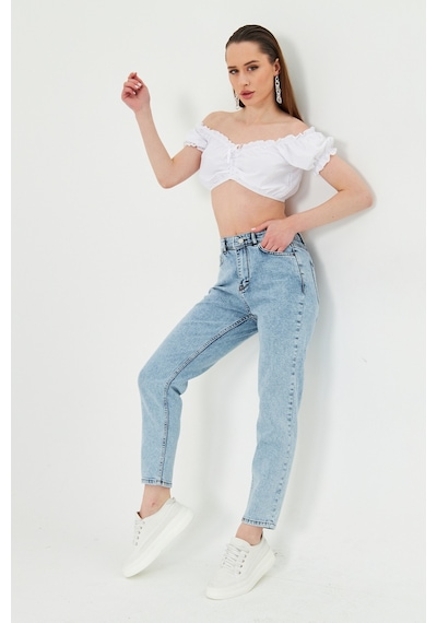 Kutaf Kar Yıkama Açık Mavi Slim Fit Mom Jean Açık Mavi