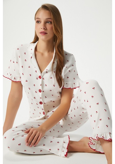 Ritnice Kadın Enda Fırfırlı Kiraz Desen Alt Üst Pijama Takımı Ekrukrımızı