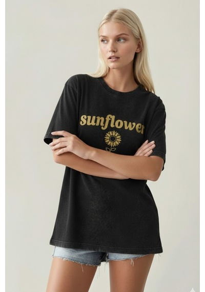 Technomonkey Sunflower Baskılı Yıkamalı Retro Unisex Tişört Siyah