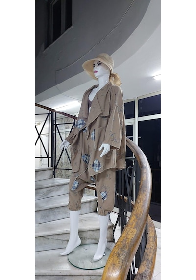 Boho Şalvar Pantolon Asimetrik Ceket Takım Vizon