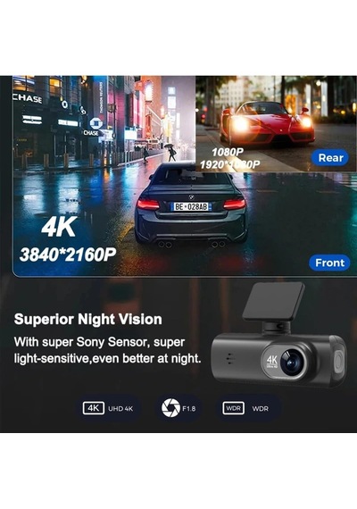 Dash Cam Araç Kamerası Ön Arka Kayıt, Gps Takip, Wifi Bağlantı, 3840x2160p 4k Ultra Hd