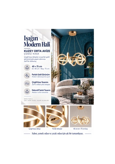 Kuzey Orta Modern Ledli Avize Çizgili 3 Renk Power Ledli Gold Kaplama Kumandalı Yatak Odası Salon Mutfak