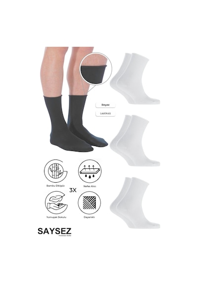 Saysez Bambu Erkek Lastiksiz Beyaz Soket Dikişsiz Premium Çorap 3'lü Paket / İz Bırakmaz / Sıkmayan Çorap Beyaz