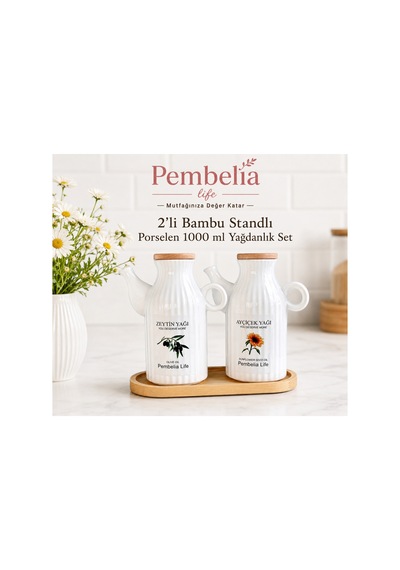Bambu Standlı Etiketli Çizgili 2 Li Porselen 1000 Ml Yağdanlık Seti Yağlık Takımı Beyaz Beyaz