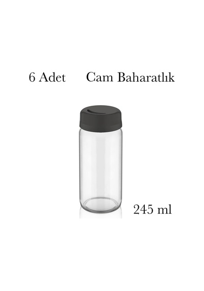 Cam Baharatlık Seti 245 Ml, Siyah Kapaklı, 6 Adet Çok Renkli