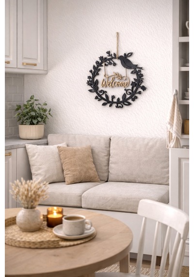 Welcome Yazılı Kuşlu Mdf Kapı & Duvar Süsü Dekoratif Çelenk 30x30 Cm Siyah Siyah