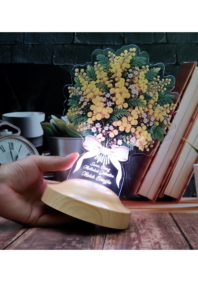 Sarı Mimoza Çiçek Buketi Led Lamba, 8 Mart Kadınlar Günü Hediyesi, İsimli Kadına Çiçek Lambası