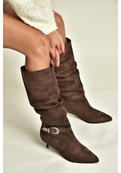 Fox Shoes Z726105702 Kahverengi Süet İnce Topuklu Büzgülü Kadın Çizme