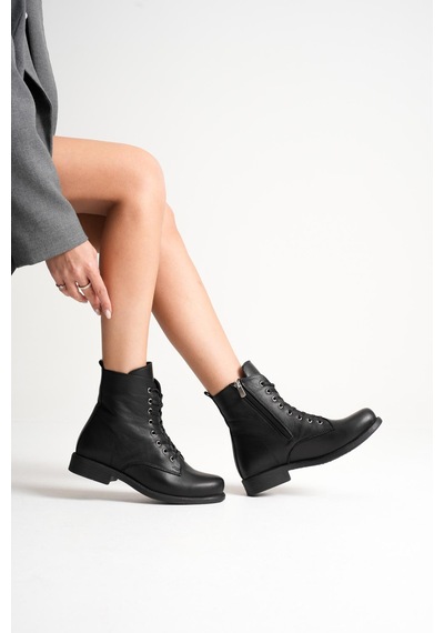 Analin Shoes Kadın Hakiki Deri Bağcıklı Ve Fermuarlı Bot Siyah