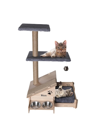 Çok Amaçlı Katlı Kedi Evi-isim Baskılı-ahşap Mdf-tırmalama Çubuklu-gri Minder-çelik Kase-2 350