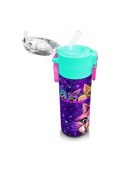 Coral High Kids Mor Pembe Kedi Desenli Pipetli Ve Direkt İçim Çelik Termos 500 Ml 31939 Mor - Açık Pembe