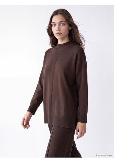Lc Waikiki Lc Waıkıkı Kahverengi Yarım Balıkçı Yaka Kadın Oversize Triko Tunik