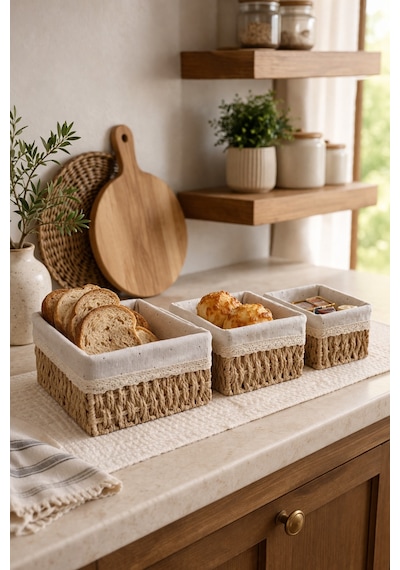 3 Lü Bambu Ekmek Sepeti Seti, 26x20x12 Cm, Metal Çerçeveli Dantelli Çiçek Desenli Kumaşlı Organizer Kahverengi