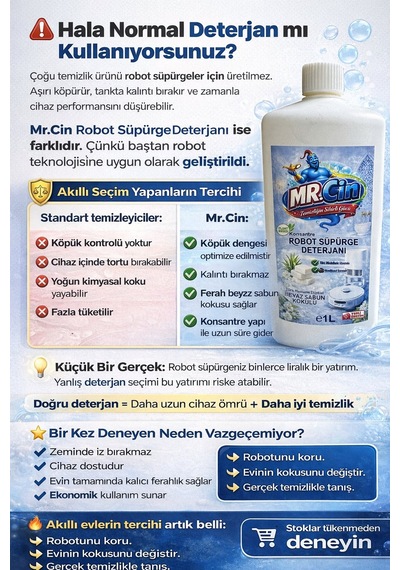 Mr.cin Robot Süpürge Deterjanı Beyaz Sabun Kokulu 1 Litre X 3 Adet Tekli