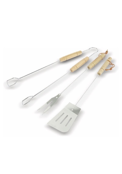 3'lü Set Ahşap Saplı Mangal Aksesuar Seti Maşa Spatula Çatal Krom