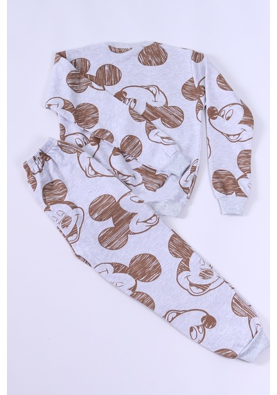 Hçm Erkek Çocuk Pijama Takımı Şardonlu Mickey Mouse Baskılı Ribanalı E27 Gri