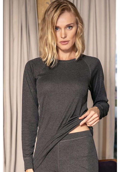 Man8566-1043 Anıl Termal İç Giyim Kadın Termal Geniş Yaka Reglan Uzun Kol İçlik T-shirt 8566 Antrasit