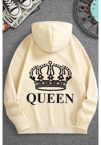 Uyguntarz Unisex Quenn Sırt Baskılı Sweatshirt Bej