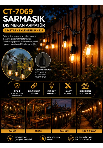 Sarmaşık Dış Mekan Aydınlatma 5 Metre 5duy E27 Eklenebilir