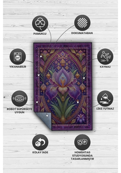 Homshtag Art Deco Süsen Çiçeği Halısı Bitki Temalı Soft Mor Renk Etnik Dijital Baskılı Çiçekli Halı Çok Renkli
