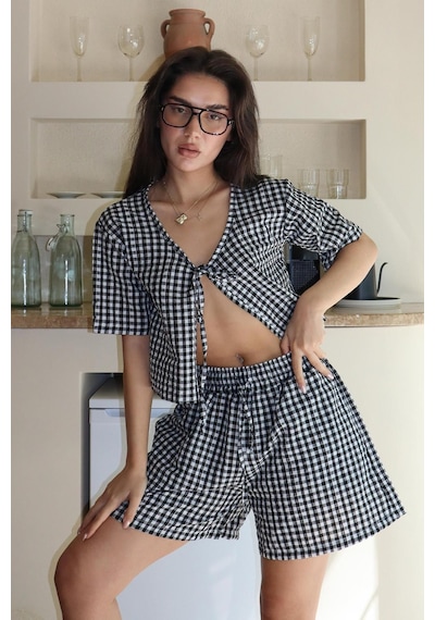 Madmext Siyah Pötikareli Şort Bluz Takım Mg2373