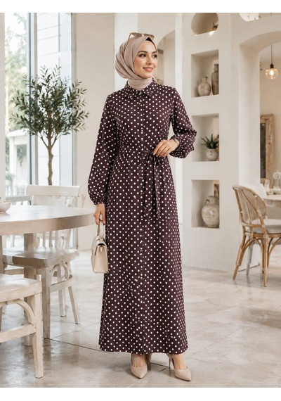 %100 Pamuklu-puantiye Desenli Mango Kumaş Kuşaklı Gömlek Elbise Yan Cepli 135 Cm Siyah