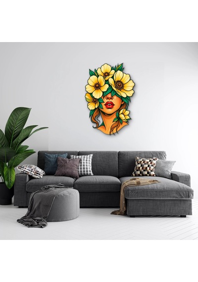 Sarı Çiçeklerle Örtülü Kadın Portresi - Metal Tablo - Dec0280 55 X 80 Cm Çok Renkli