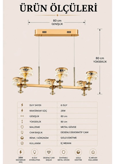 6'lı Gold Modern Premium 3 Renkli Ledli Sarkıt Avizesi Salon Mutfak Oturma Odası Şık Modelleri 28w