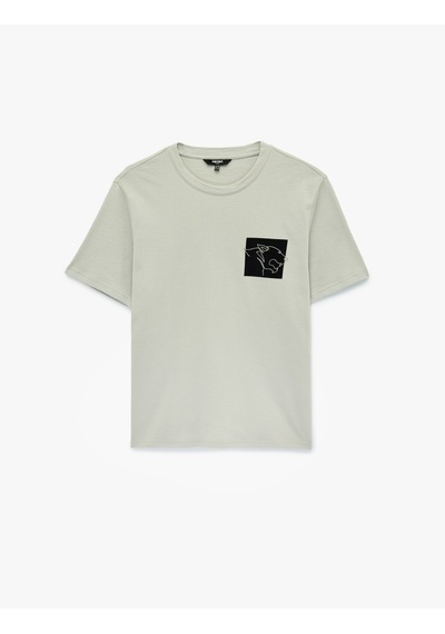 Koton Regular Fit Kısa Kollu Pamuklu Nakışlı Bisiklet Yaka Tişört Gri 6sam10105mk Gri