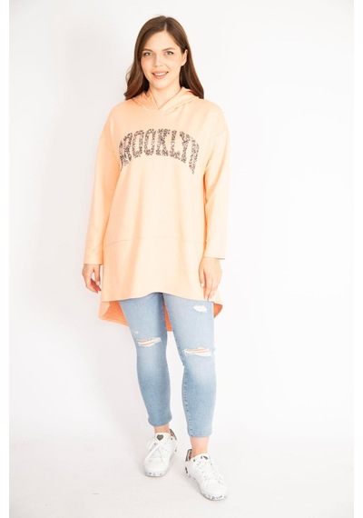 Şans Kadın Somon Büyük Beden Payet Detaylı Kapşonlu Arkası Uzun Sweatshirt-yeşil Yeşil