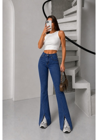 Bluemarlin Mavi Likralı Esnek Paça Yırtmaçlı İspanyol/flare Denim Pantolon Mavi