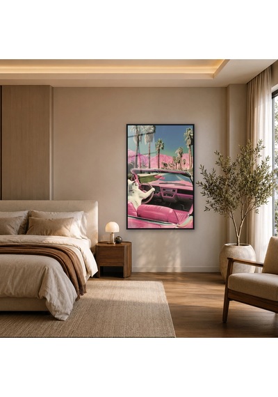 Pembe Arabayı Süren Kedi Siyah Çerçeveli Cam Tablo