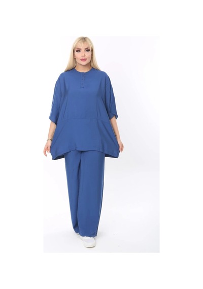 Mia Butik Büyük Beden Mavi Yuvarlak Yaka Salaş Takım Mavi