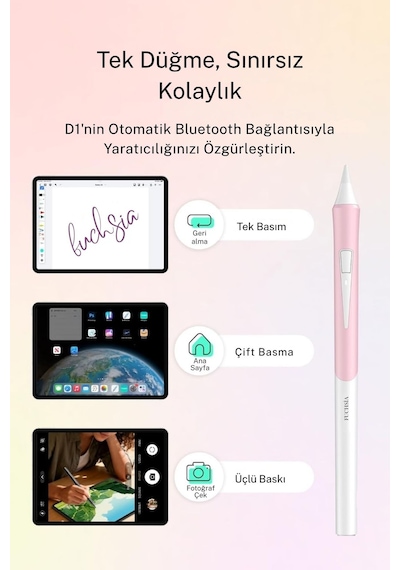 Fuchsia D1 Profesyonel Apple Uyumlu iPad Kalemi Eğim Duyarlı Avuç İçi Reddetmeli Bluetooth Uzun Pil Ömrü 0.1mm Uç Beyaz